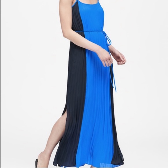 NWT Banana Republic Blue And Black Pleated Lined Dress With Long Retro N… - Picture 1 of 5